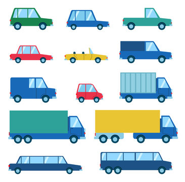 Set of various car types. Hatchback, sedan, truck, limousine, coupe, crossover and other car types. Flat style vector illustration