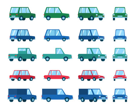 Set of various car types and views. Hatchback, sedan, family car. Flat style vector illustration