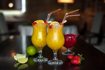 Selection of best selling drinks beer glass of wine cocktails martini mojito and shot short bar blurred background