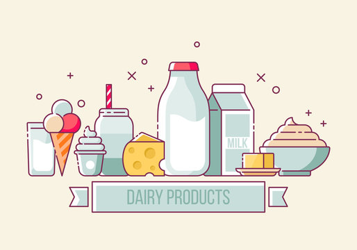 Milk and dairy products thin line icons for web, graphic and logo design. Isolated vector illustration