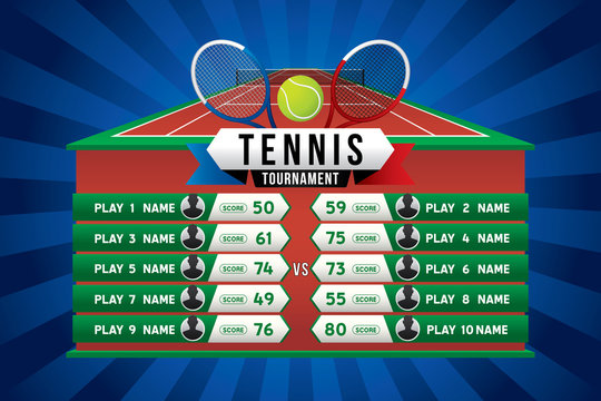 Tennis tournament design with players and scoreboard.