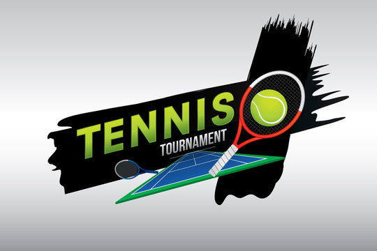 Tennis tournament badge design with racket and ball on green grass court.