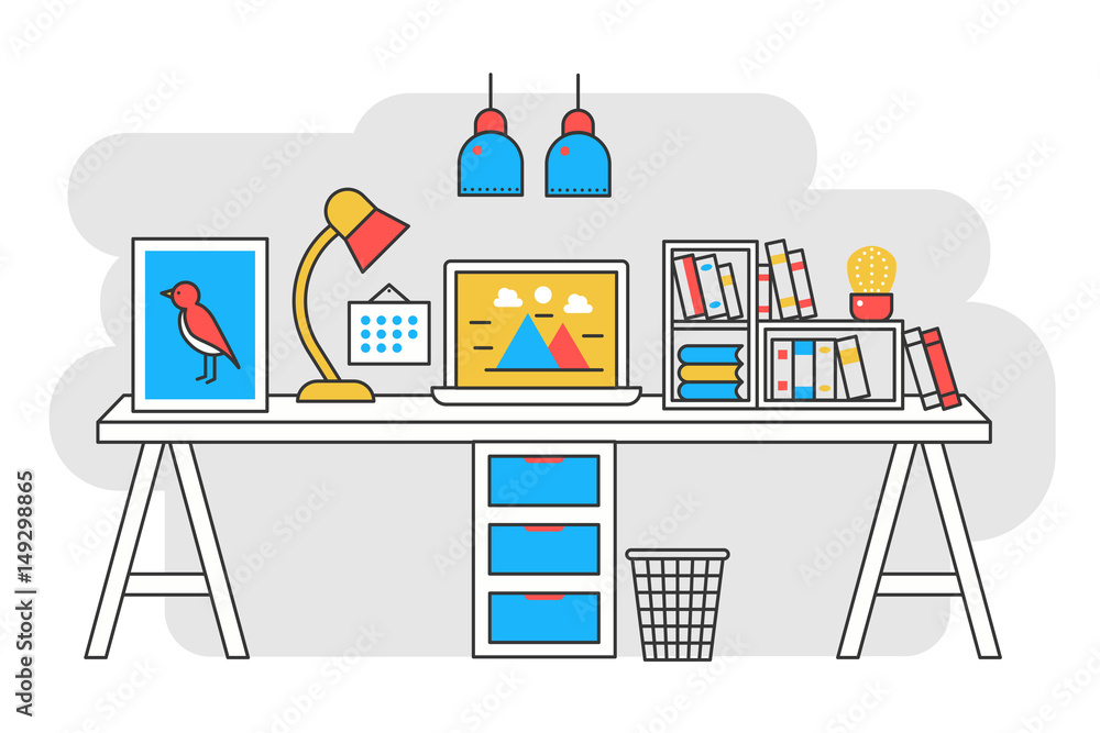 Poster vector illustration of a computer placed on an office desk. flat color line style.