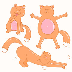 Set of cute lazy ginger cats doing routine things