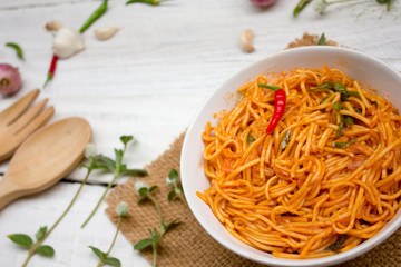 Spaghetti line on white wooden floor, table top