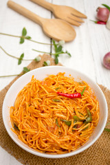 Spaghetti line on white wooden floor, table top