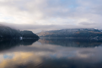 Sauda fjord, Norway. Early morning, view from sea