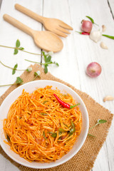 Spaghetti line on white wooden floor, table top