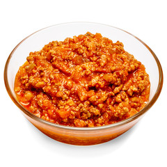 Spaghetti bolognese sauce in glass pot