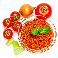 Spaghetti bolognese sauce in glass pot