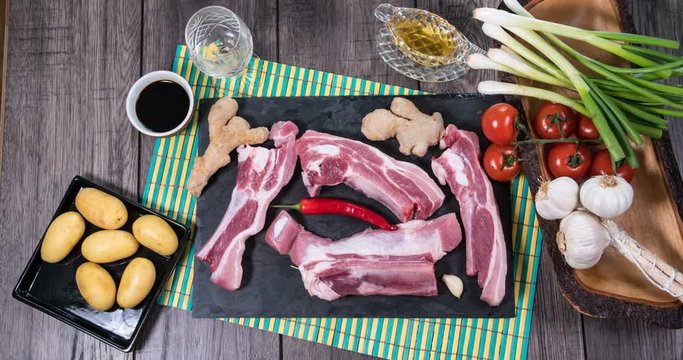 Stop motion view of ingredients for delicious braised sticky king pork ribs