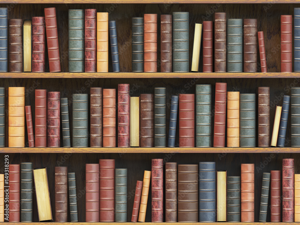 Poster vintage books on bookshelf. old books tiled seamless texture background (vertically and horizontally