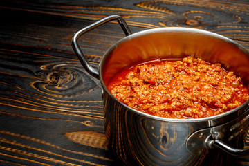 Spaghetti bolognese sauce on a pan