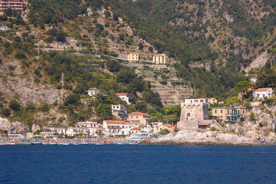Erchie village on Amalfi coast seen from the sea