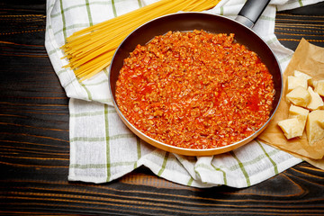 Spaghetti bolognese sauce on a pan