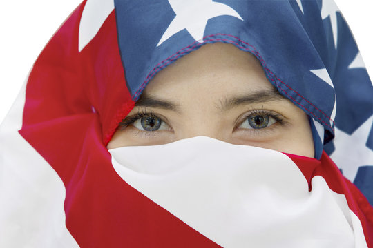 Young woman with an American flag