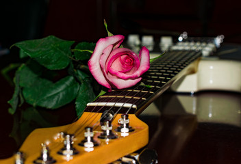 Pink rose on the fingerboard white electric guitar