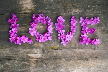 word "Love" made of pink flowers on old wooden background