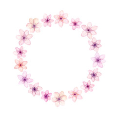 Hand painted watercolor circle frame made with tender pink spring flowers  isolated on white.
