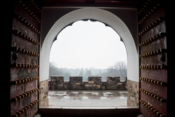 The arch looking out to see the edge of the wall in beijing, China