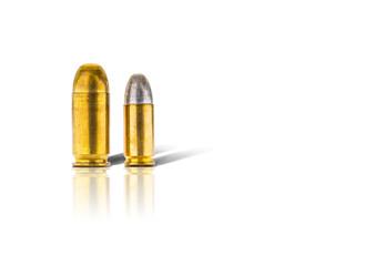 Two diffirent size bullets, 9mm and 11mm bullets on white background