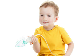 Caucasian child holding oxygen or inhaler mark isolated on white.