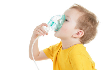 Caucasian child holding oxygen or inhaler mark isolated on white.