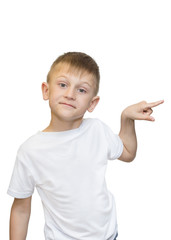 Emotional portrait of caucasian teen boy. Funny teenager pointing and looking upwards while laughing, isolated on white background. Handsome happy child pointing at copy space.