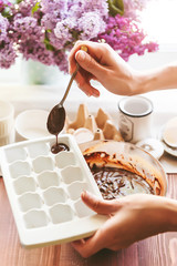 Step by step the chef prepares a dessert - chocolate fondant. Classic recipe.