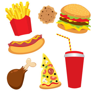 A set of colorful fast food in the form of characters. Hotdog, cheeseburger or hamburger, a glass of soda, French fries, ham, a slice of pizza and biscuits. Vector illustration for design or poster.