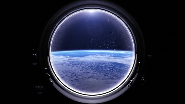 Flight Of The Space Station Above The Earth. International space station is orbiting the Earth. Earth as seen through round window of ISS. Realistic atmosphere. Starry sky. Stars. 4K.
