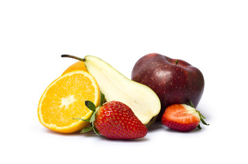Photo of fruit still life with orange, apple, pear and strawberries isolated on white background