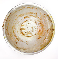 Empty messy metal mixing bowl seem from above.