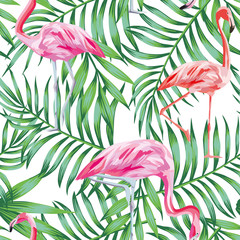 Bird flamingo on a background of tropical leaves seamless patter