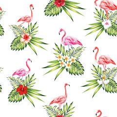 Fototapeta premium Seamless pattern pink flamingo with flowers and plants white background