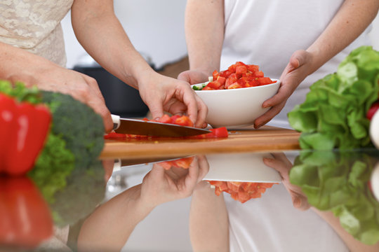 Closeup of two women are cooking in a kitchen. Friends having fun while preparing fresh salad.