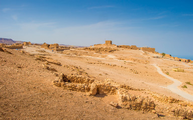 nature, rock, masada, landscape, israel, landmark, ruin, sea, wall, yellow, travel, tourism, sky, stone, history, old, famous, dead, desert, architecture, fortress, historic, ancient, dry, east, roman