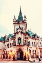 Fototapeta na wymiar Jakab's palace in Kosice city, Slovakia, evening photo, retro filter