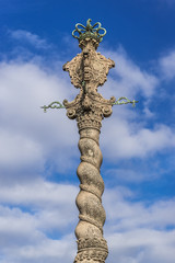 Close up on city pillory next to cathedral in Porto, Portugal