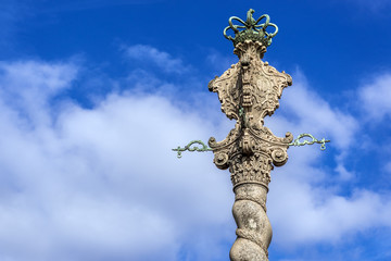 Close up on city pillory next to cathedral in Porto, Portugal