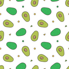 Hand drawn, doodle green avocados seamless pattern background.