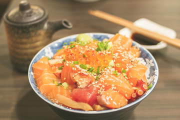 Japanese raw fish with rice in a bowl