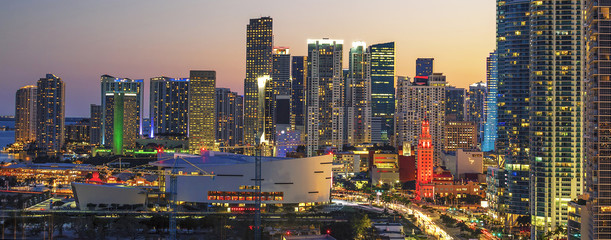 Horizontal view of Miami downtown at sunset
