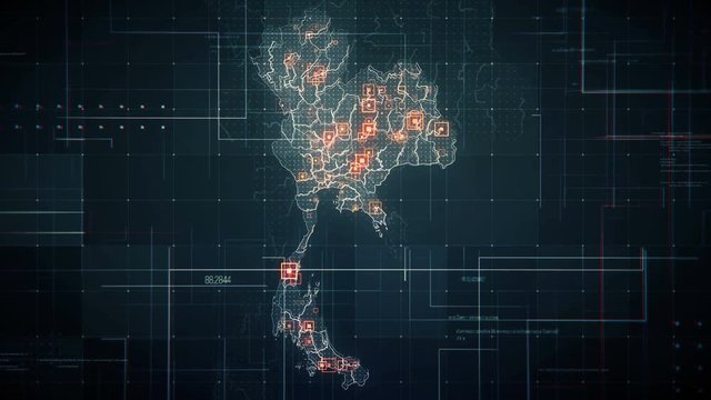 Black Thailand Map with Lines Rollback Camera. Black Thailand map with visual effects,square indicators and animated lines in different places.