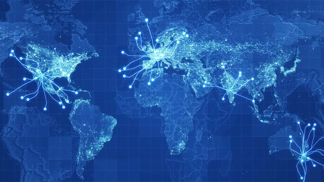 Blue Global Maps Network Rollback. Animated World map with grid, connections between main directions and visual effects.