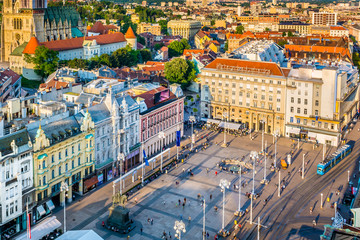 Zagreb square aerial view. / Aerial view on national public square Ban Jelacic in city center of...