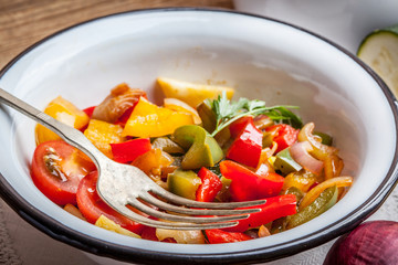 Ratatouille on a rustic table.