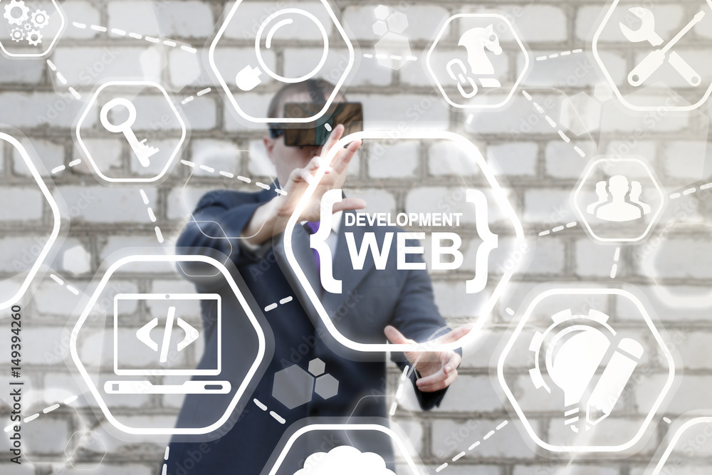 Poster web design vr development service concept. responsive website homepage ideas programming seo plan vi