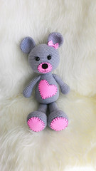 hearted teddy bear grey pink