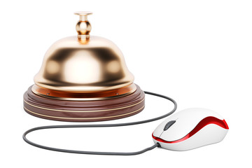 Reception bell with computer mouse. Online hotel booking, 3D rendering
